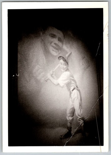 Vtg B&W Snapshot Boy Baseball Player Batting Babe Ruth Ghost Image 1940s