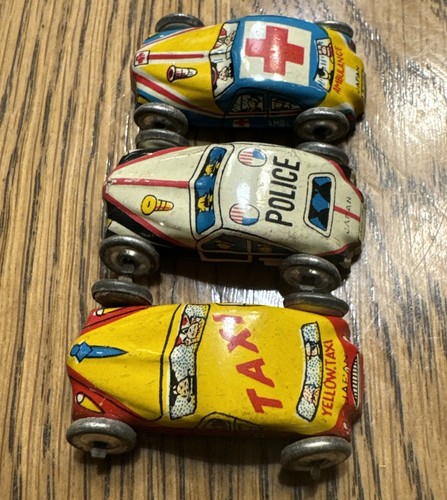 Vintage Tin Litho 1940s - 1950s 3 Mini Cars Japan Yellow