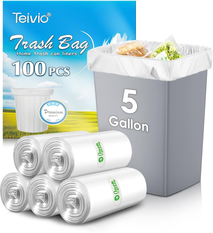 Teivio 5 Gallon 100 Counts Strong Trash Bags Garbage Bags, Bathroom Trash Can Bin Liners, Small Plastic Bags for Home Office Kitchen Kitchen, Clear