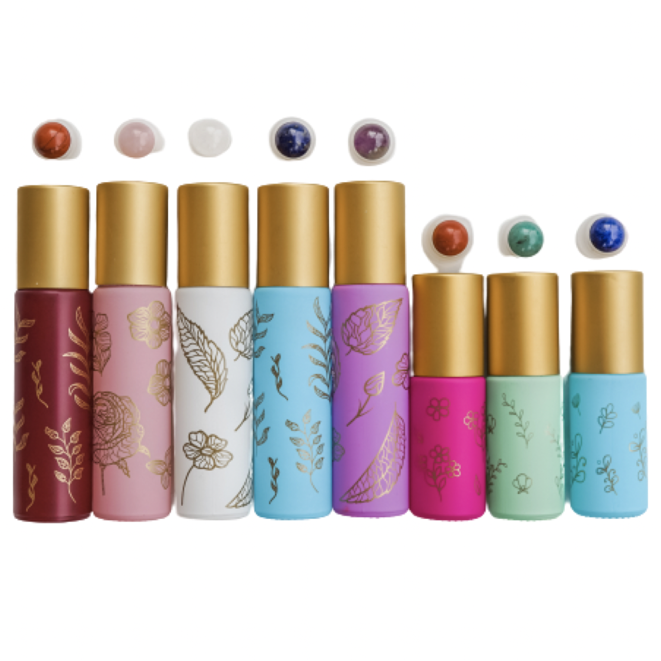 SET OF 8 MATTE GLASS ROLLER BOTTLES GEMSTONE ROLL-ONS GOLD FLORAL 5ML AND 10ML