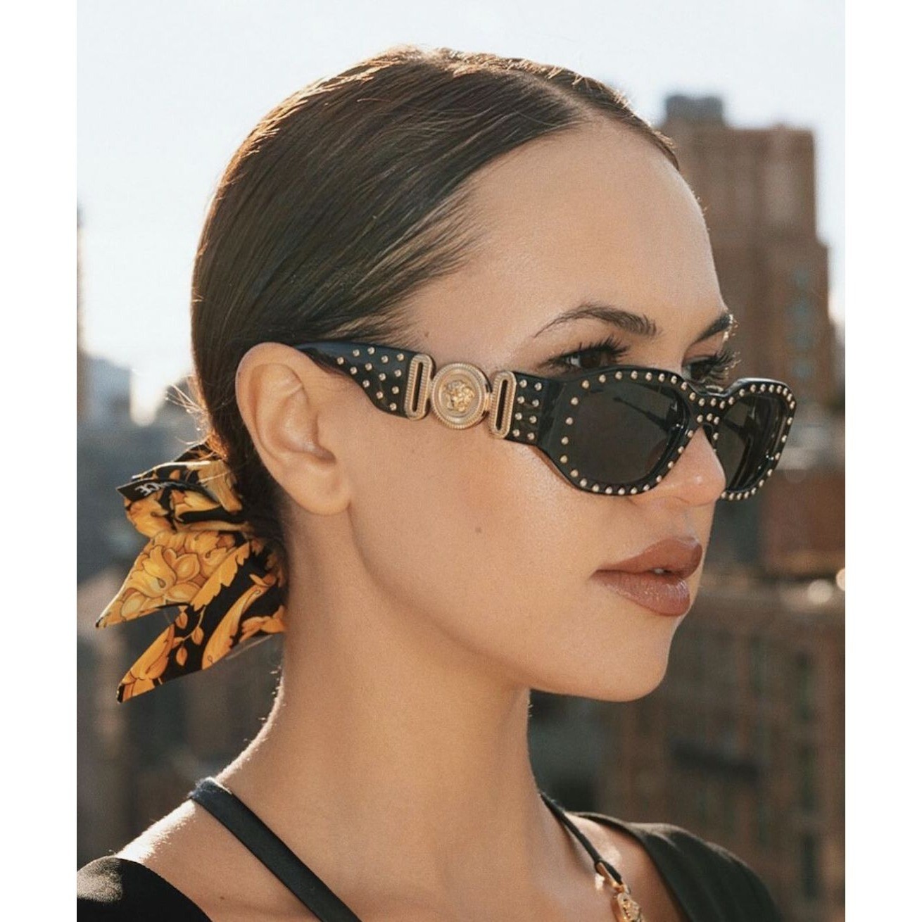 Pre-owned Versace Sunglasses Ve4361 539787 Medusa Biggie Black Gold Studs Rectangle