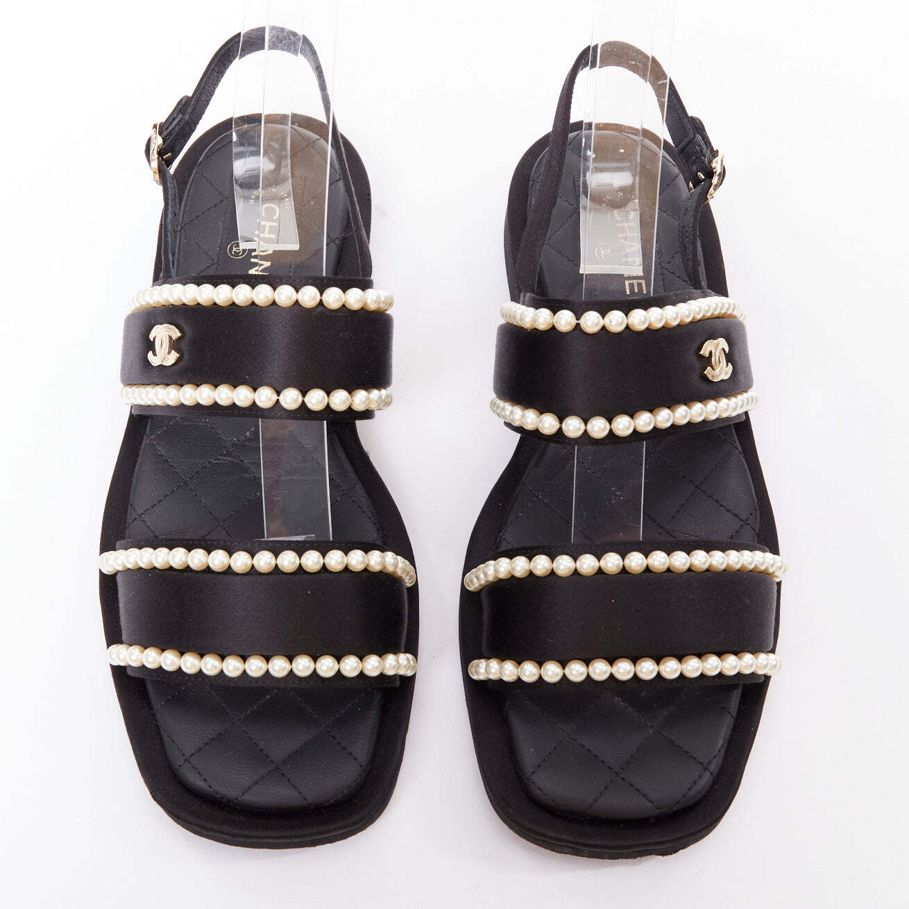 CHANEL 2022 black pearl embellished satin CC flat dad