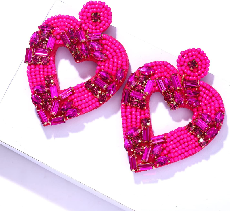 Red Heart Beaded Dangle Earrings Hypoallergenic Boho Handmade Valentine Gift