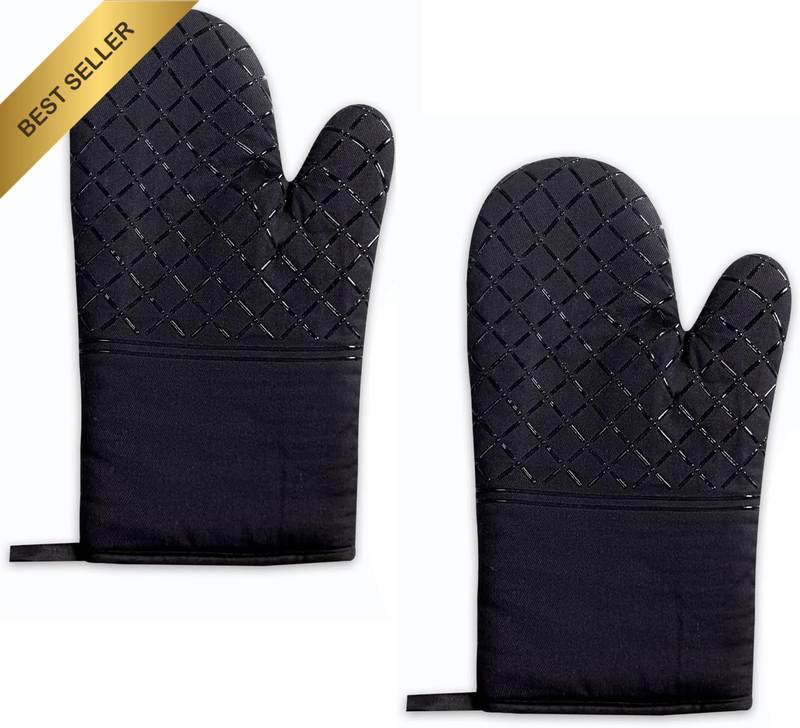 2PCS Long Oven Mitts 500°F Heat Resistant Non-Slip Silicone Cotton Lined Black
