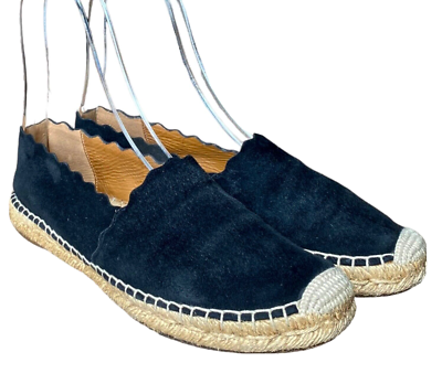 CHLOE Lauren Scalloped Espadrille Black Leather Suede Flat Women