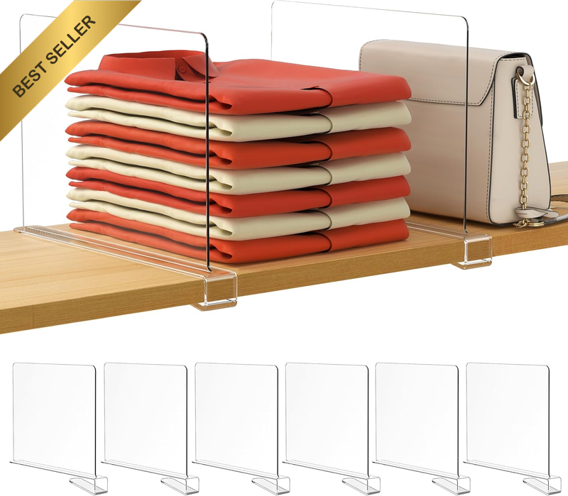 6 Pack Closet Organizers and Storage, Clear Shelf Dividers, Vertical Purse Organ