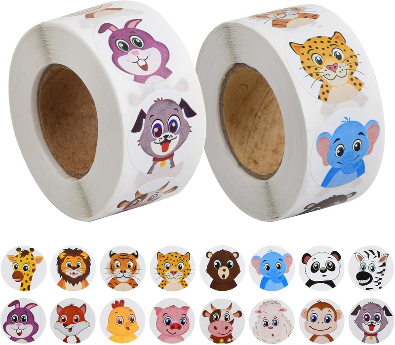 1000 Animal Stickers for Kids - Teacher Rewards, Colorful round Animal Motivatio