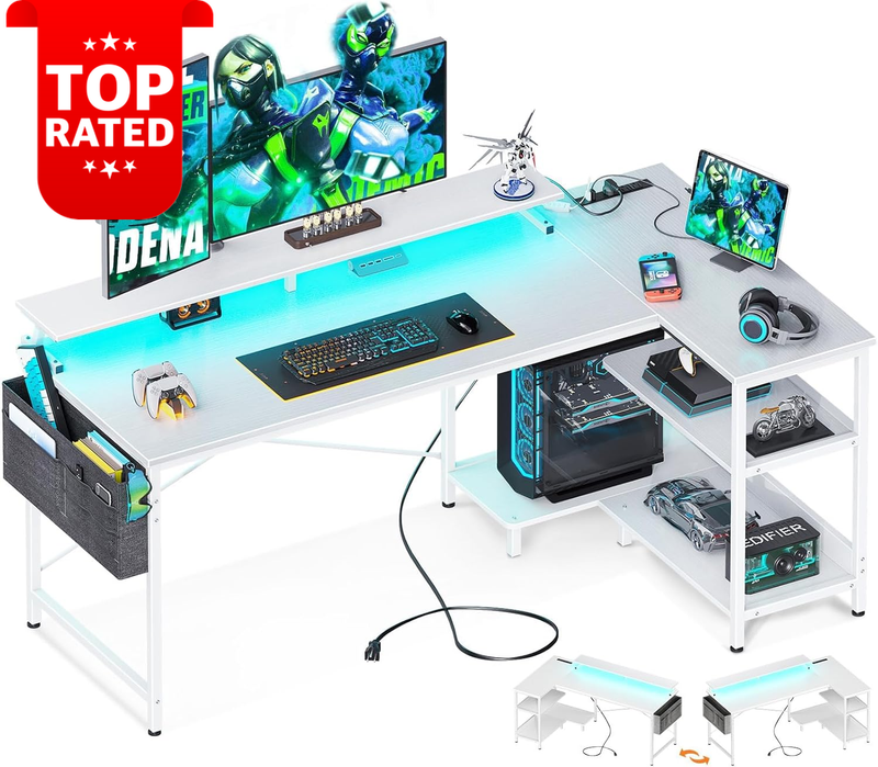 L Shaped Gaming Desk with Power Outlet LED Light Strip 120x80x75Cm White