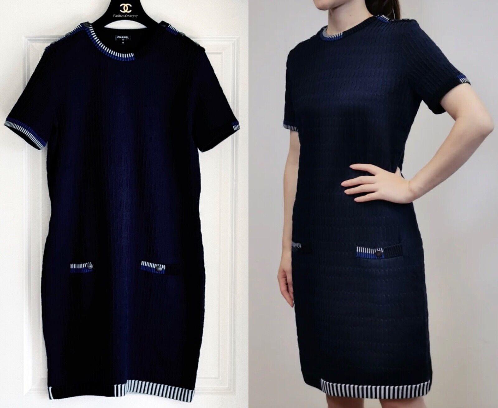 NEW $3350 CHANEL 19P NAVY BLUE WHITE CC LOGO SHORT SLEEVE NEW $3350 CHANEL 19P NAVY BLUE WHITE CC LOGO SHORT SLEEVE