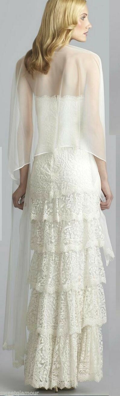 Pre-owned Tadashi Shoji Strapless Ivory Lace Tiered Dress Gown & Stole 8 14 $608 In White
