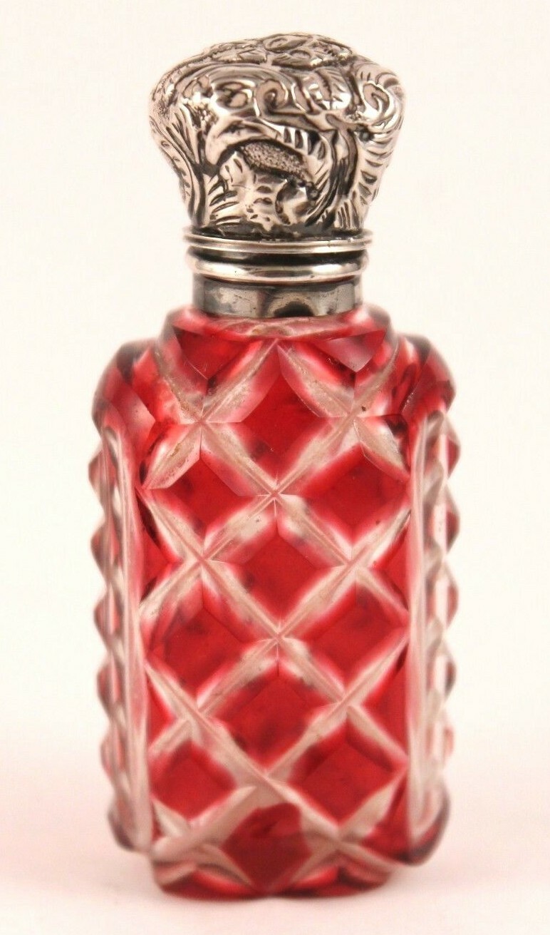 19th cen. Red Cut to Clear Glass Perfume Scent Bottle With