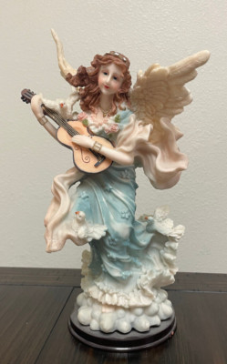Vintage Resin Angel Figurine /Statue w/Manolin & Dove/Blue Dress/Wooden Base
