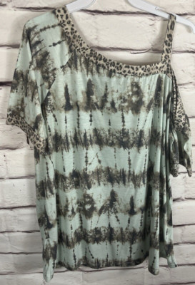 New Now & Forever Womens Sz 2X Green Tie-Dye Off The Shoulder Short Sleeve Shirt