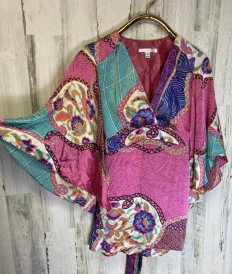 VTG Alice & Trixie Colorful Print Silk Blouse Bell Sleeves Sz M Made In USA Y2K