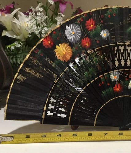 Vintage Chinese Japanese Hand Painted Black Floral Hand Fan 16.5”