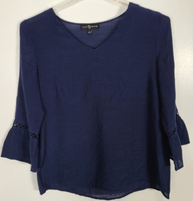 Fred David Women's Size Large Blue Semi Sheer Blouse Top 3/4 Sleeve V Neck