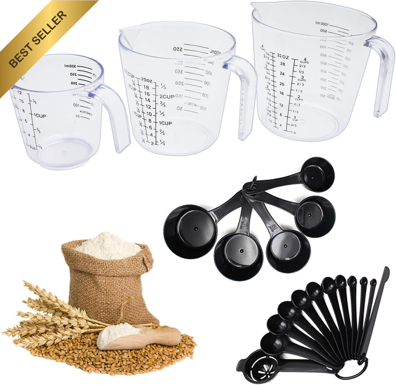 Kitchen Measuring Tool, Measuring Cups and Spoon Set Con 3 Clear Plastic Cups wi