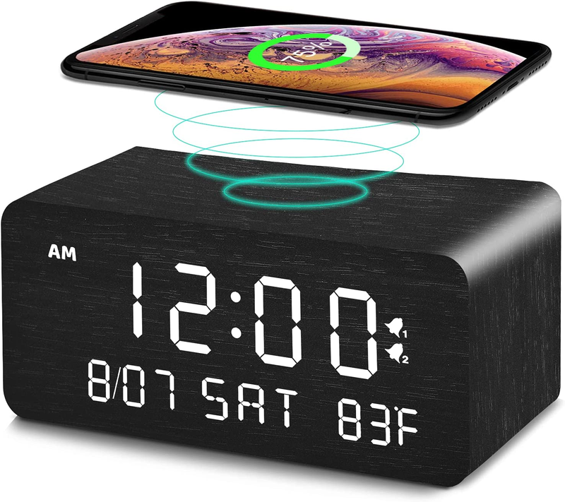 Digital Alarm Clock With Wireless Charging And Alarm Volume For Bedroom Black