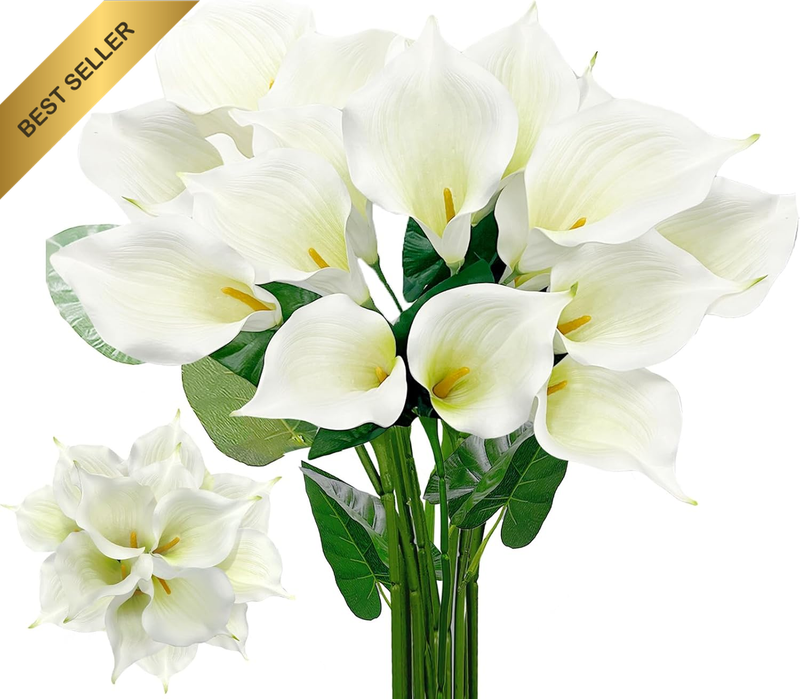 14 Large Blooms Artificial Calla Lilies with Green Leaves,Realistic Latex Calla