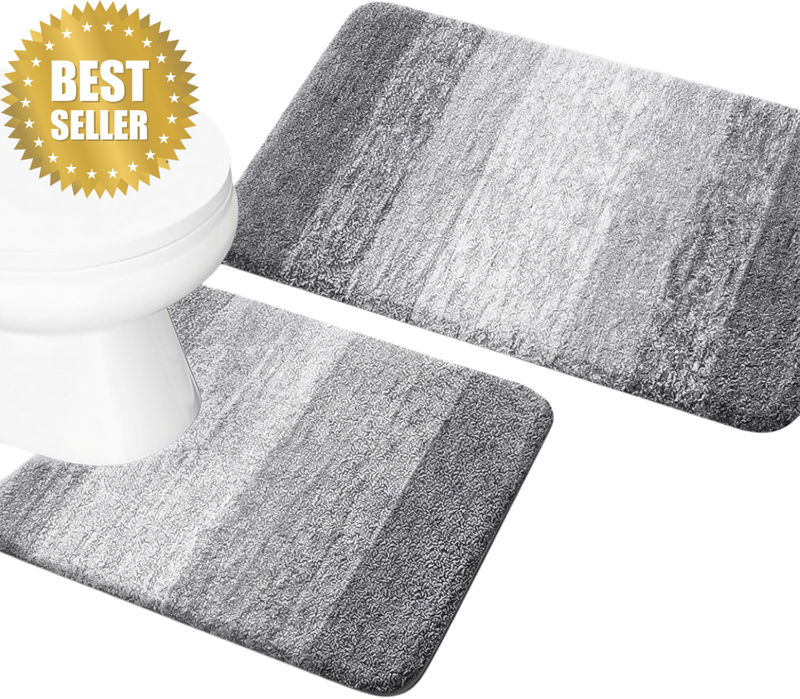 Bathroom Rug Set, 2Pcs Grey Absorbent Bath Mat Set, Non-Slip Quick Dry Soft Floo