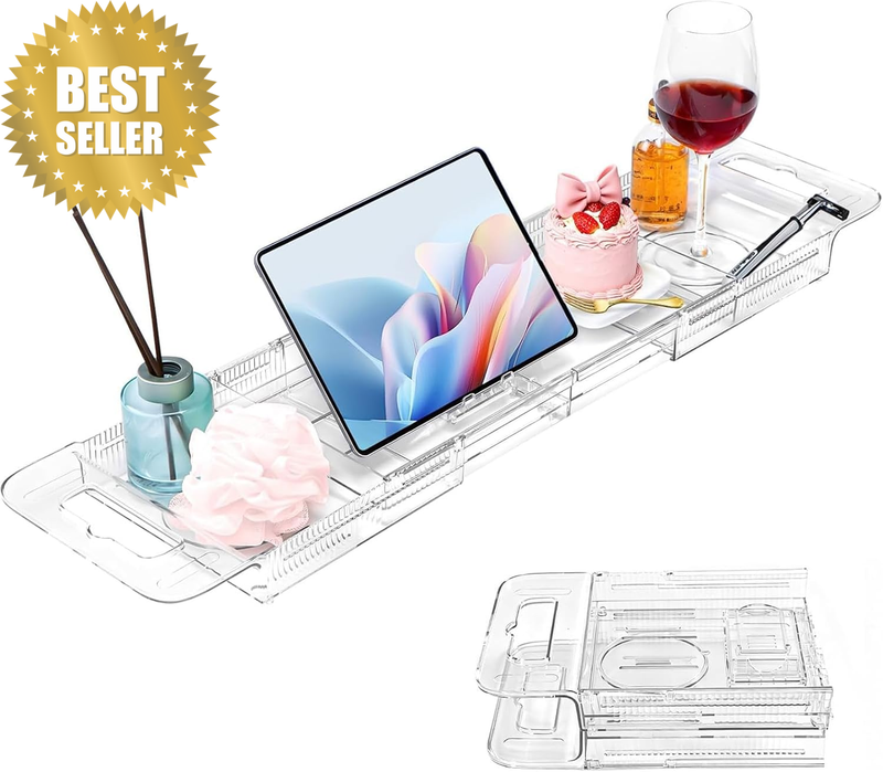 Expandable Clear Acrylic Bathtub Tray Caddy, Foldable Tub Bath Tray with Drain S