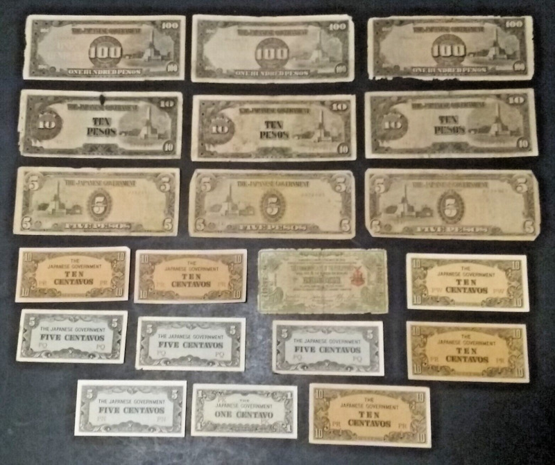 WWII Japanese Occupation Philippine War Currency 20 Pc Lot 1 - 100 Peso Centavos