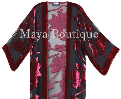 Pre-owned Maya Matazaro Red Long Kimono Jacket Silk Burnout Velvet No Fringe  Hand Dyed Usa In Red & Black