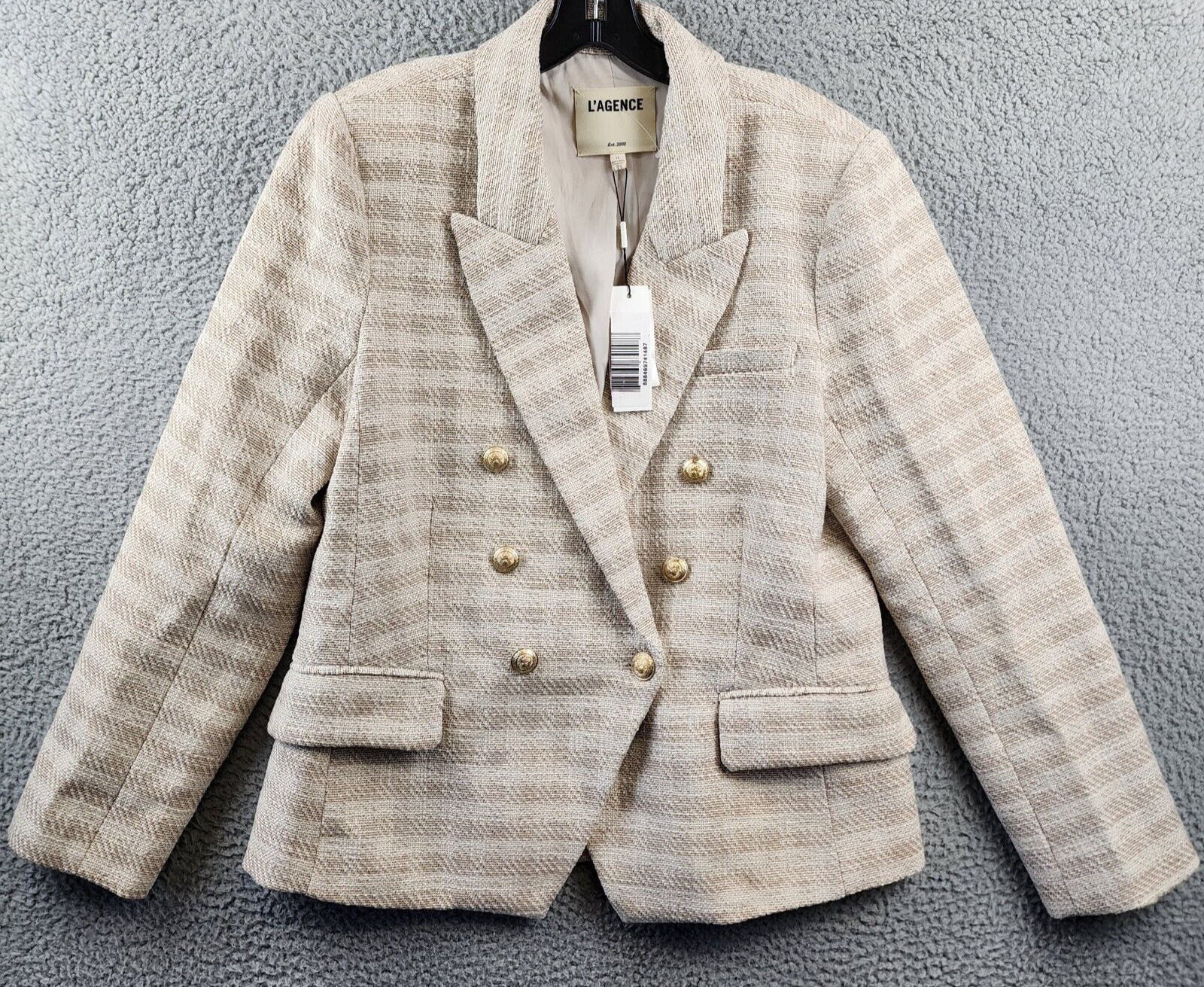 Pre-owned L'agence Kenzie Checked Double Breasted Blazer Women's 12 Ecru Gold Long Sleeve