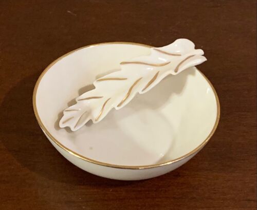 Pretty Gold Rimmed Trinket Dish Ashtray w/Leaf Design by Bone Crown China 