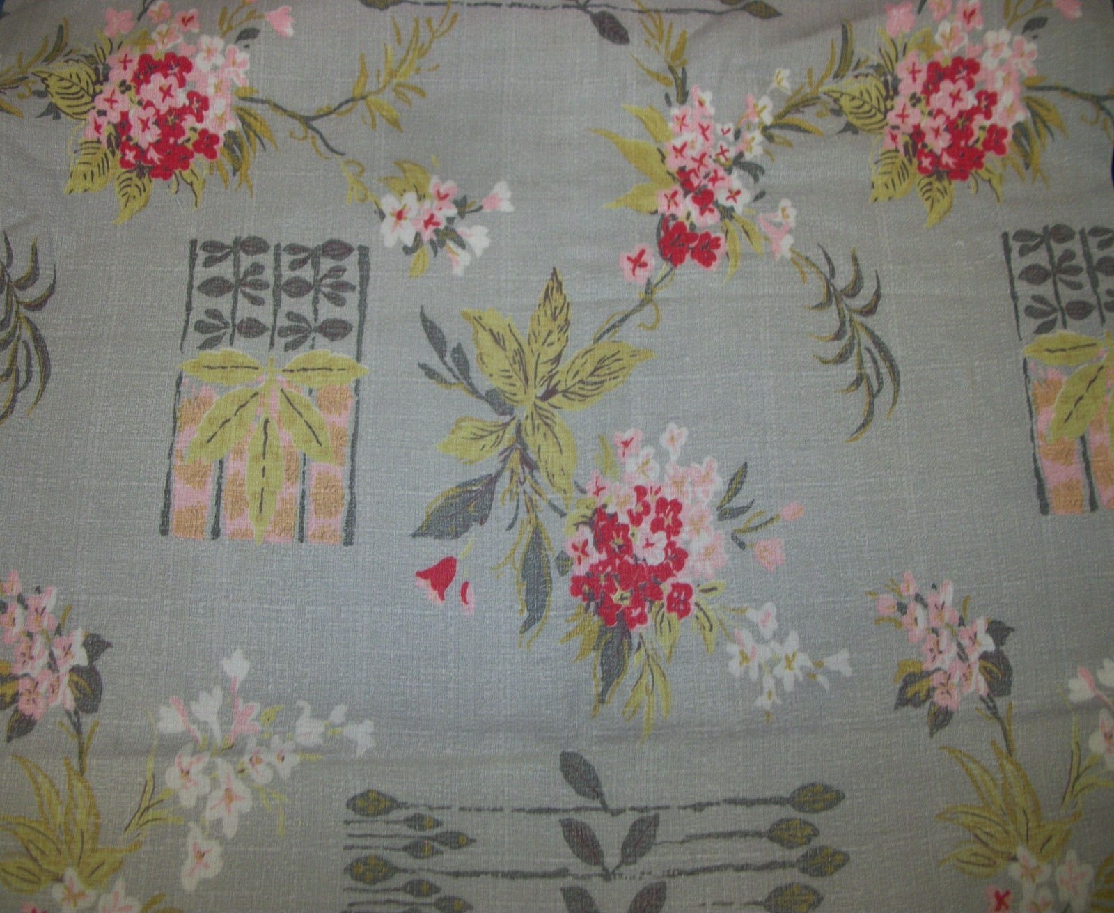 Vintage 1940s Barkcloth Fabric Single Panel Grey with Green Red & Pink