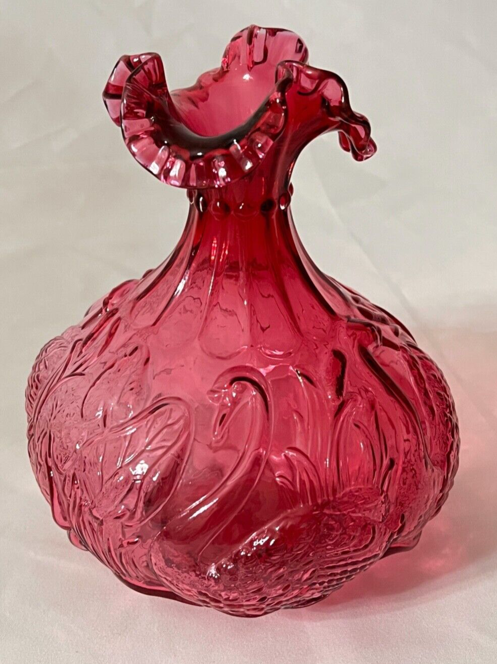 Vintage Fenton Cranberry Red Carnival Glass Swans Cattails