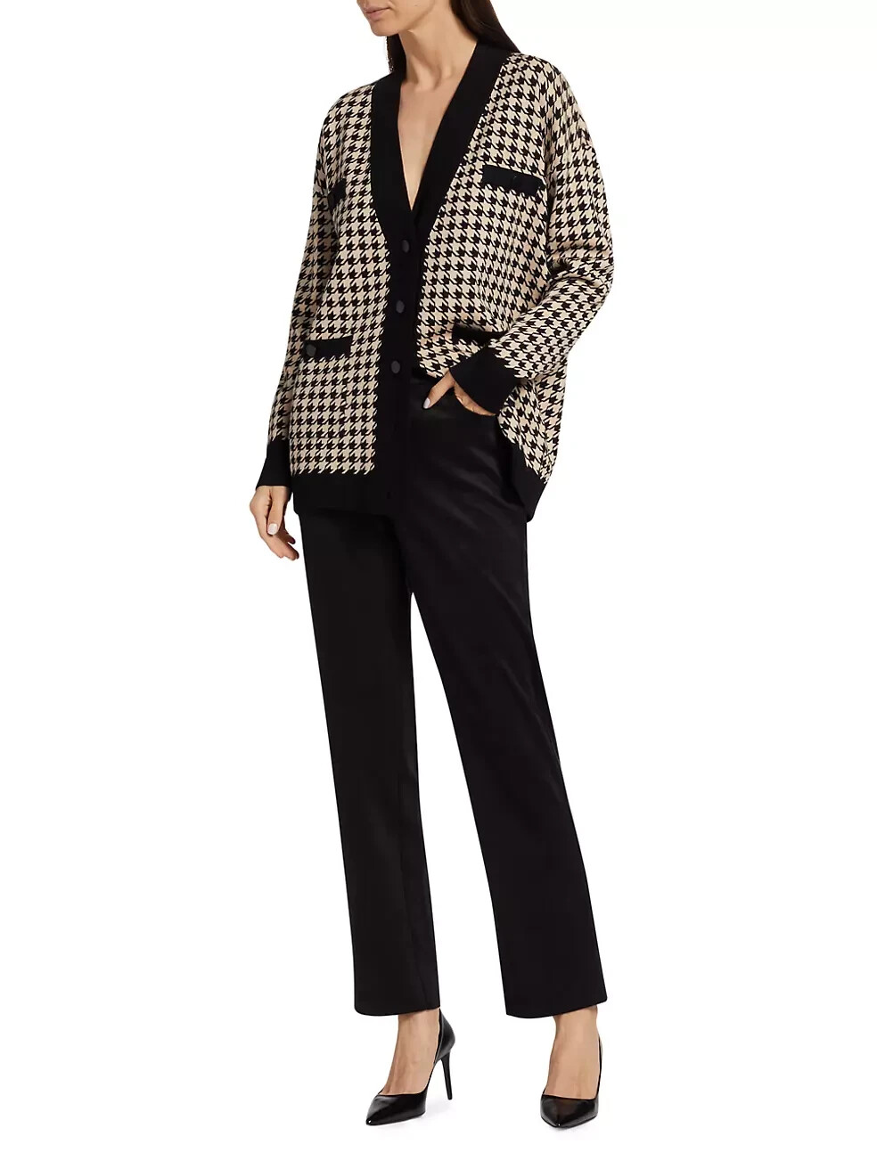 Elie Tahari Heather Beige/Noir Houndstooth-print Cardigan