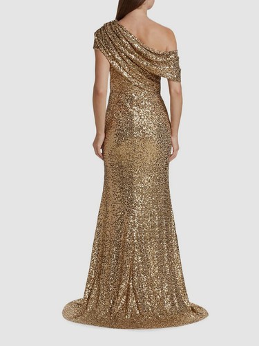 Pre-owned Badgley Mischka $891  Women's Gold Sequined Asymmetric Draped Gown Dress Size 4