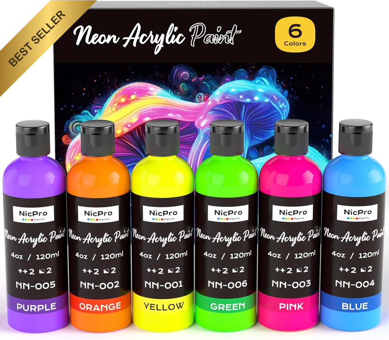 6 Colors Fluorescent Acrylic Paint Set (4 Oz, 120 Ml), Glow in the Black Light, 