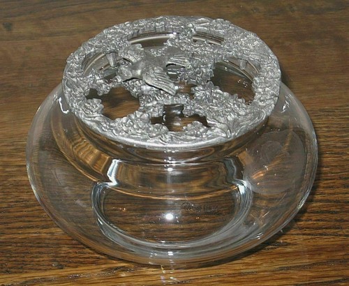 Brilliant Clear Crystal Potpourri Bowl w/Pewter Bird Lid-Mint Condition