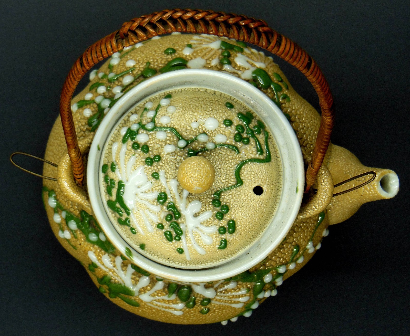 Antique Japanese Moriage Meiji Sharkskin Pottery Teapot Orange Peel Glaze