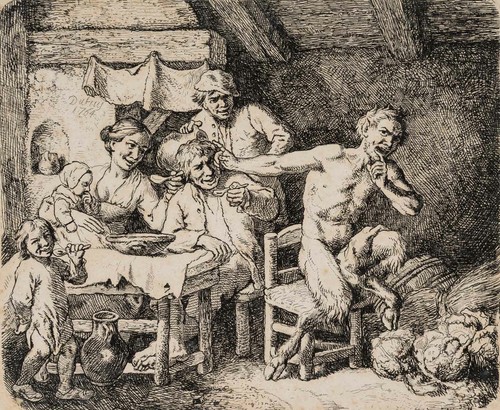 DIETRICY, nach JORDAENS, Der Satyr beim Bauern, 1739, Radierung