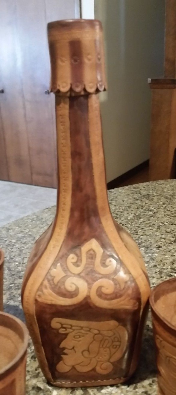 Vtg. Tooled Leather Decanter w/Matching Cup Holders & Shot Glass Holder-Honduras