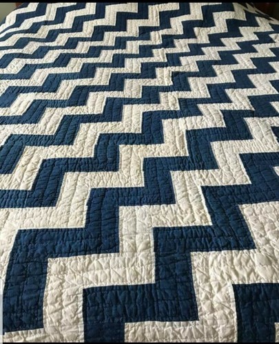 Primitive Antique Blue And Cream Endless Stairs Quilt 1870s 1880s 74