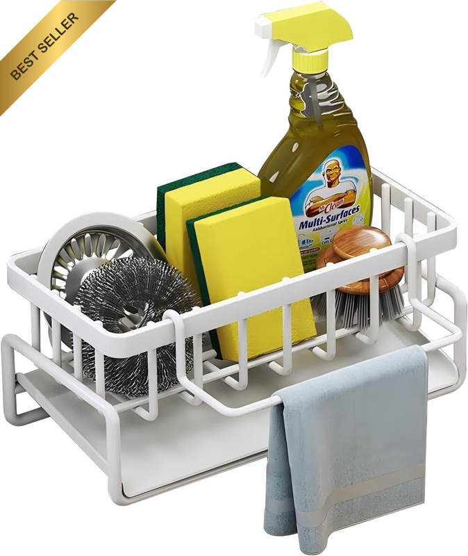 Kitchen Sponge Holders, Sink Caddy Organiser with Self Draining Tray, Dish Soap
