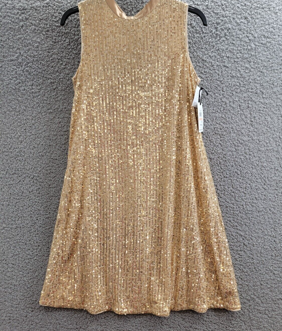 kensie Sequined-Mesh Sleeveless Shift Dress Women's 2 Gold Back Neck Tie Closure - Picture 2 of 15