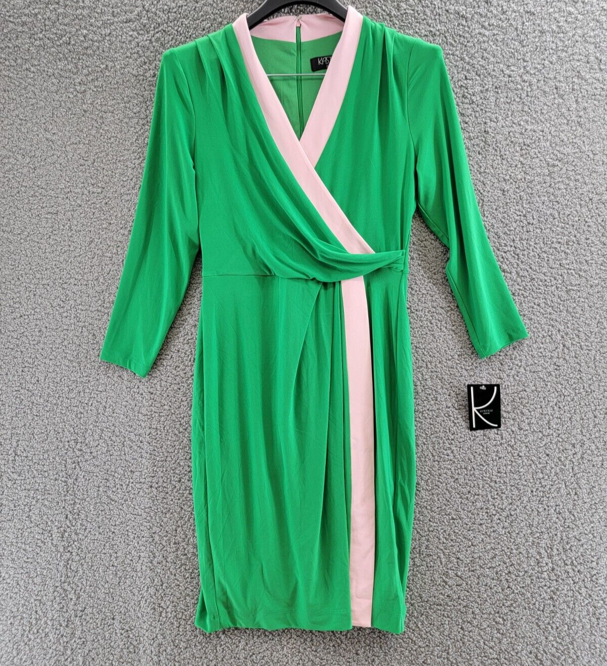 Kasper Colorblocked Faux-Wrap Sheath Dress Women's S Green/Pink Back Zip Closure - Picture 2 of 17