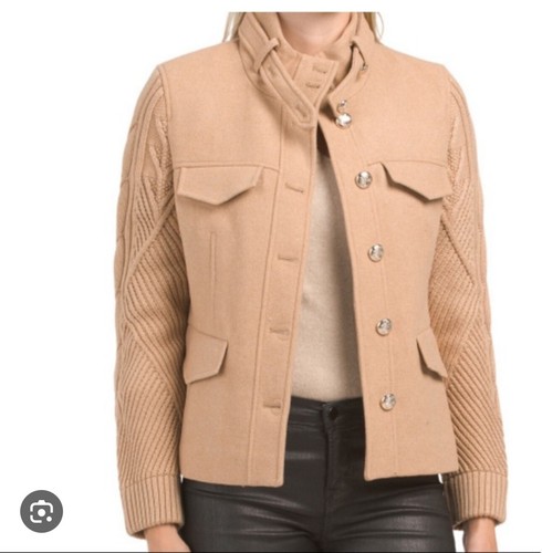 ジャケット・アウター Elie Tahari 2 (XS-S) TAHARI Tan/Beige Wool Blend Mixed Media Knit Jacket XS/38