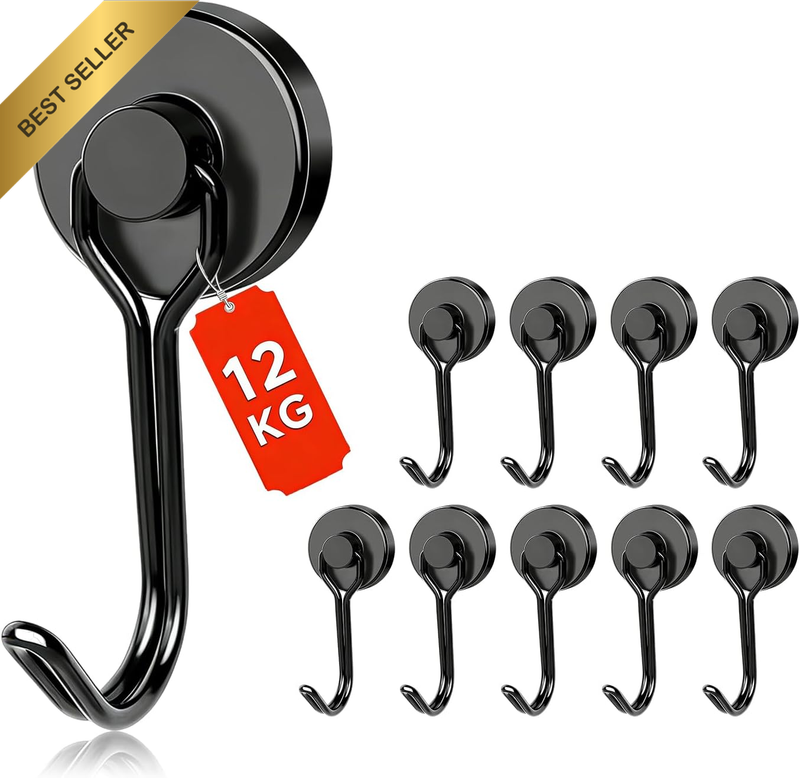 10PCS Heavy Duty Magnetic Hooks, 12KG/26.5LB Maximum Pull-Out Force, 360° Rotati