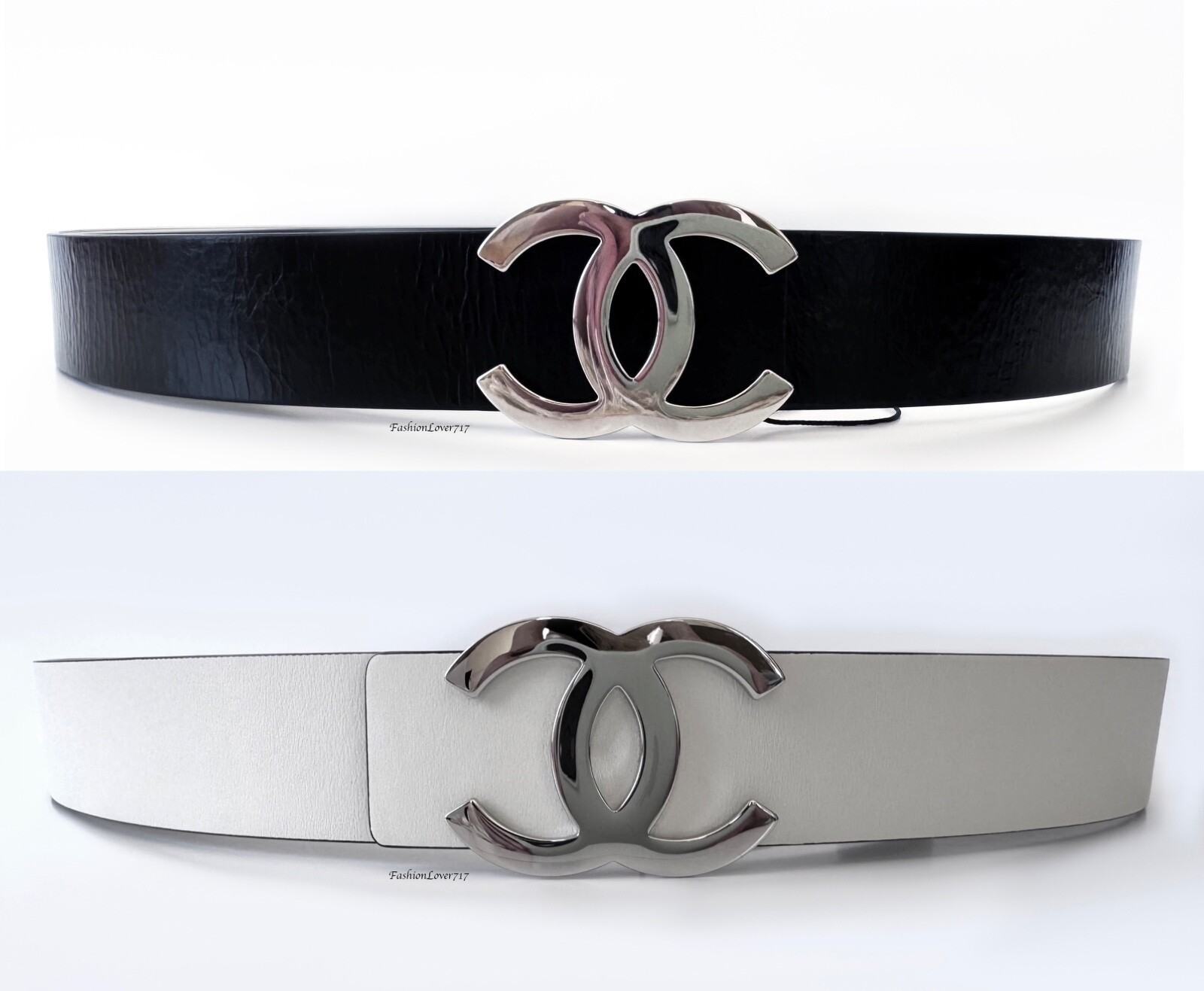 NEW CHANEL 24B BLACK WHITE REVERSIBLE LEATHER SILVER CC LOGO