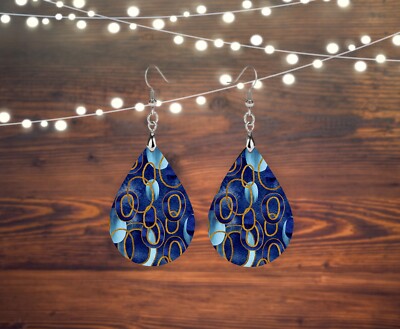 Cobalt LInks Print Wood Tear Drop Earrings