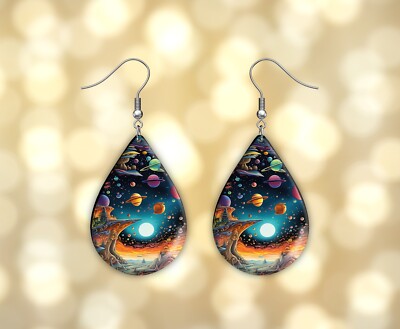 Alien Galaxy Print Earrings Handmade Wood Tear Drop Dangle Printed Jewelry