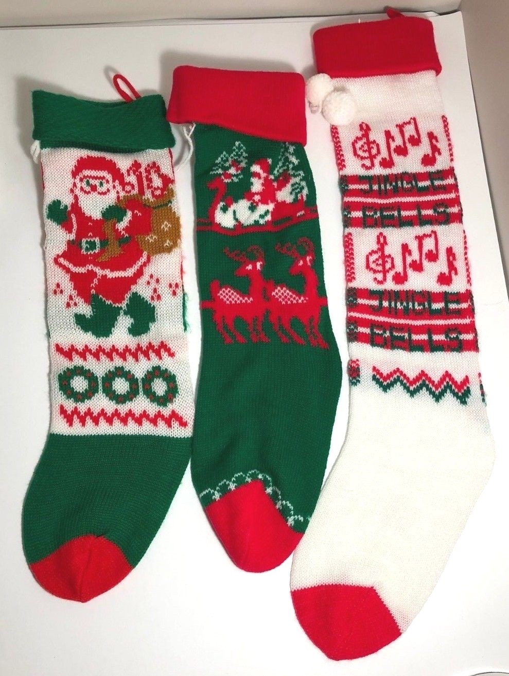 3 Vtg Long Knit Christmas Stockings Santa Claus Reindeer Jingle Bells Pom Poms