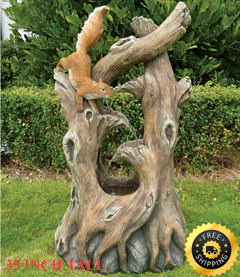 Tree Log & Squirrel Water Fountain with LED Light Garden Decor Fake Wood Gift