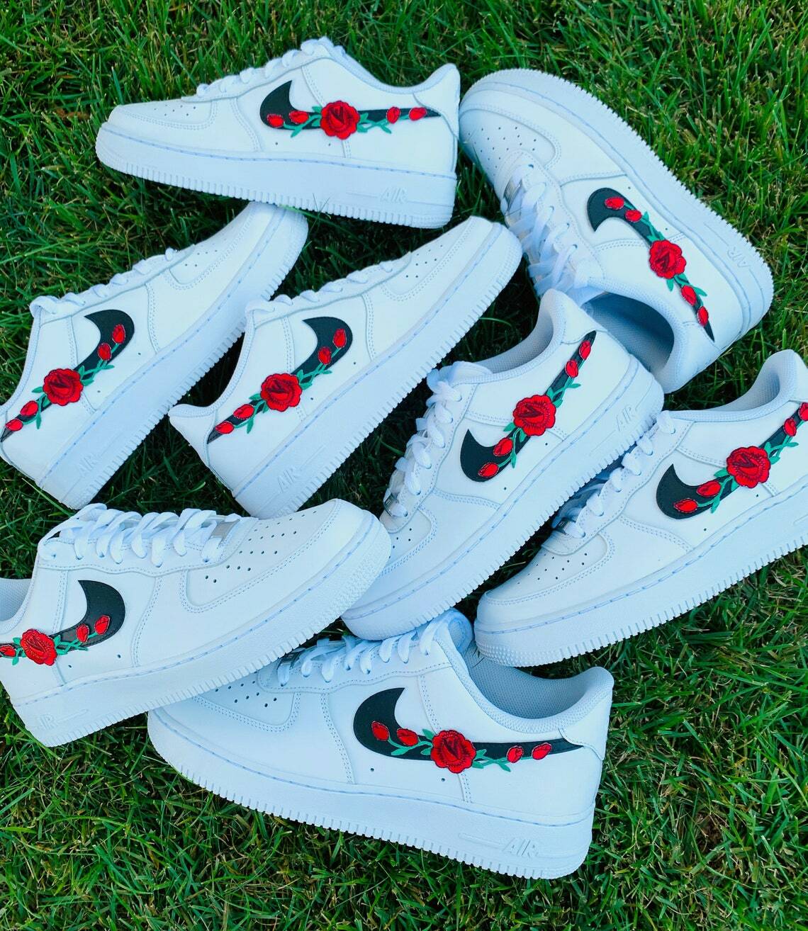Pre-owned Nike Air Force 1 Red Rose Custom Low Floral White Black Shoes Mens Womens Kids